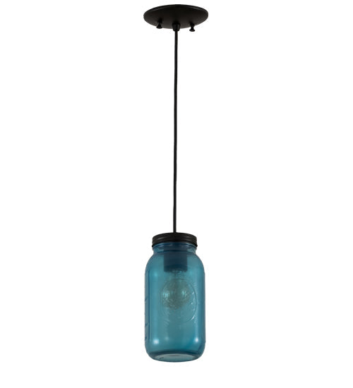 Meyda Lighting Mason Jar 5" Textured Black Mini Pendant Light With Powder Blue Jar Shade Glass