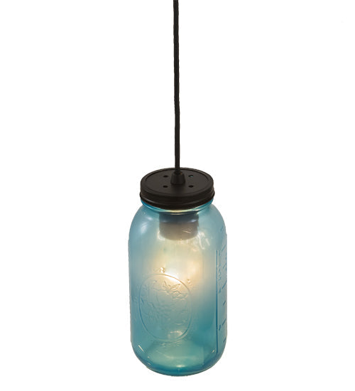 Meyda Lighting Mason Jar 5" Textured Black Mini Pendant Light With Powder Blue Jar Shade Glass
