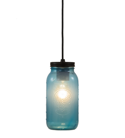 Meyda Lighting Mason Jar 5" Textured Black Mini Pendant Light With Powder Blue Jar Shade Glass