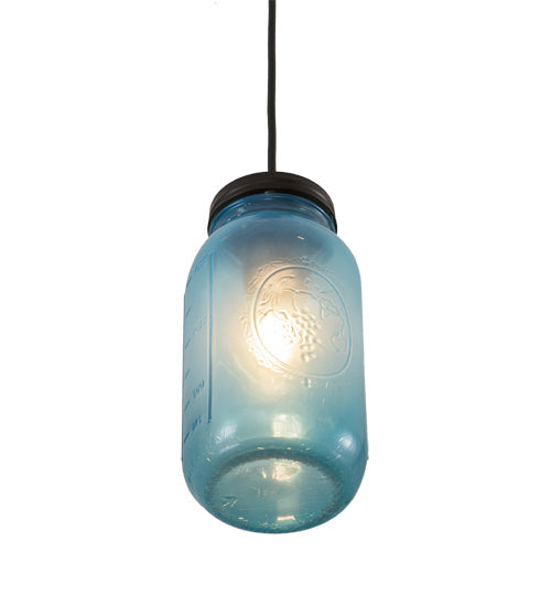 Meyda Lighting Mason Jar 5" Textured Black Mini Pendant Light With Powder Blue Jar Shade Glass