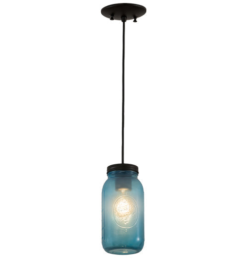 Meyda Lighting Mason Jar 5" Textured Black Mini Pendant Light With Powder Blue Jar Shade Glass