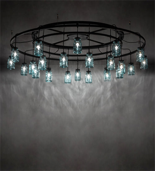 Meyda Lighting Mason Jar 75" 24-Light Textured Black Chandelier With Blue Mason Jar Shade Glass