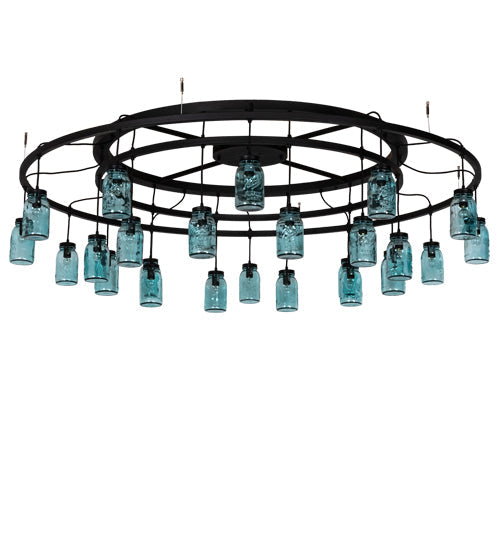Meyda Lighting Mason Jar 75" 24-Light Textured Black Chandelier With Blue Mason Jar Shade Glass