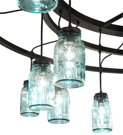 Meyda Lighting Mason Jar 75" 24-Light Textured Black Chandelier With Blue Mason Jar Shade Glass