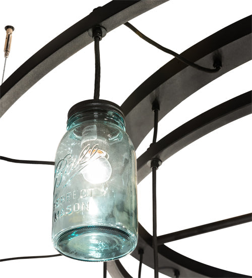 Meyda Lighting Mason Jar 75" 24-Light Textured Black Chandelier With Blue Mason Jar Shade Glass