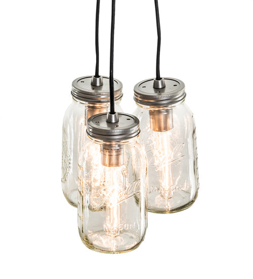 Meyda Lighting Mason Jar 9" 3-Light Nickel Pendant Light With Clear Jar Shade Glass
