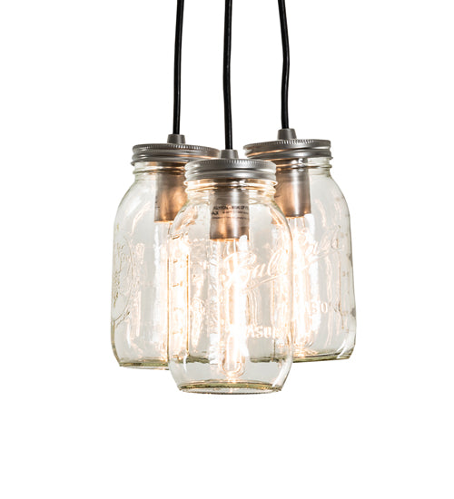 Meyda Lighting Mason Jar 9" 3-Light Nickel Pendant Light With Clear Jar Shade Glass