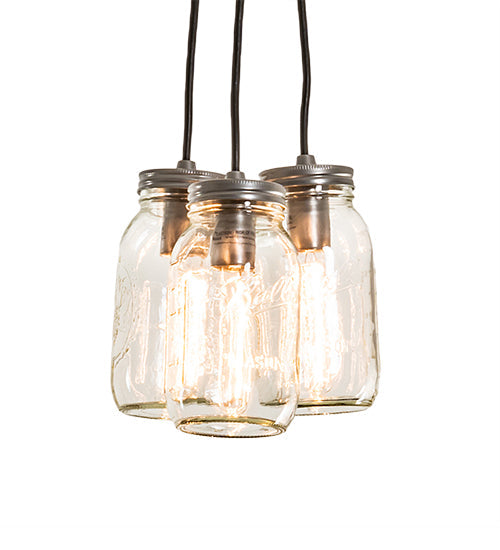 Meyda Lighting Mason Jar 9" 3-Light Nickel Pendant Light With Clear Jar Shade Glass