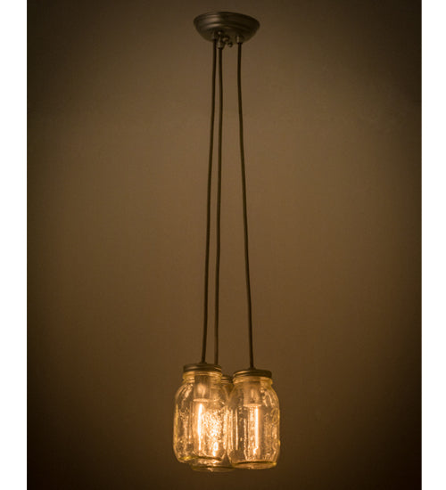 Meyda Lighting Mason Jar 9" 3-Light Sparkle Silver Pendant Light With Black Clear Mason Jar Shade Glass