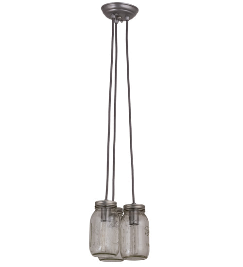 Meyda Lighting Mason Jar 9" 3-Light Sparkle Silver Pendant Light With Black Clear Mason Jar Shade Glass