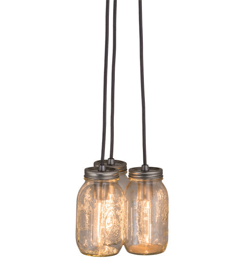 Meyda Lighting Mason Jar 9" 3-Light Sparkle Silver Pendant Light With Black Clear Mason Jar Shade Glass