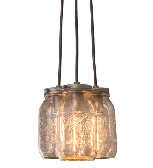 Meyda Lighting Mason Jar 9" 3-Light Sparkle Silver Pendant Light With Black Clear Mason Jar Shade Glass