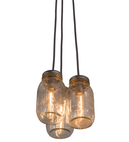 Meyda Lighting Mason Jar 9" 3-Light Sparkle Silver Pendant Light With Black Clear Mason Jar Shade Glass