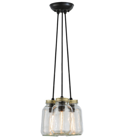 Meyda Lighting Mason Jar 9" 3-Light Textured Black Pendant Light With Clear Mason Jar Shade Glass