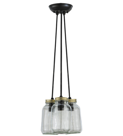 Meyda Lighting Mason Jar 9" 3-Light Textured Black Pendant Light With Clear Mason Jar Shade Glass