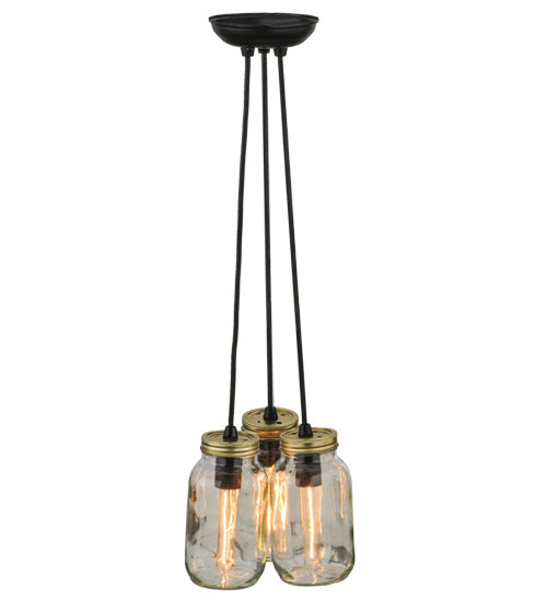 Meyda Lighting Mason Jar 9" 3-Light Textured Black Pendant Light With Clear Mason Jar Shade Glass