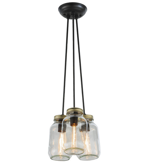 Meyda Lighting Mason Jar 9" 3-Light Textured Black Pendant Light With Clear Mason Jar Shade Glass
