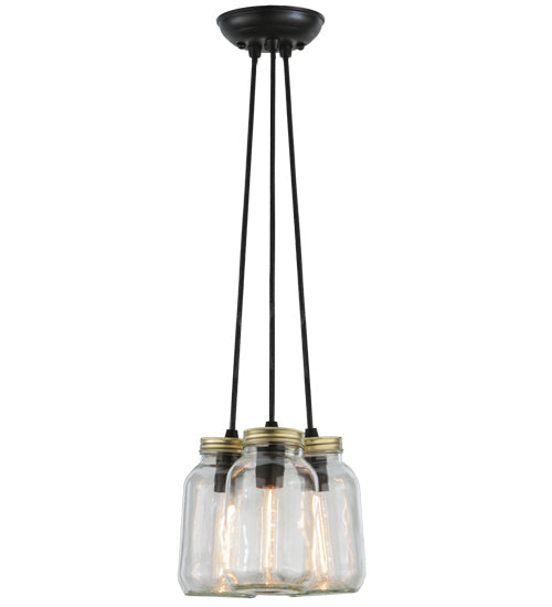 Meyda Lighting Mason Jar 9" 3-Light Textured Black Pendant Light With Clear Mason Jar Shade Glass