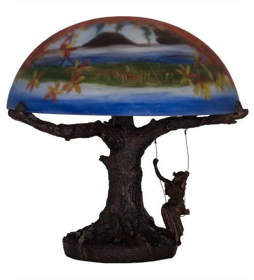 Meyda Lighting Maxfield Parrish 15" 2-Light Mahogany Bronze Reveries Reverse Painted Table Lamp With Multi-Colored Shade Glass