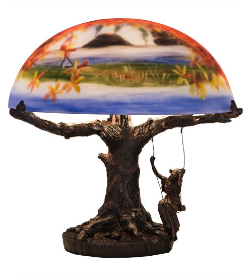 Meyda Lighting Maxfield Parrish 15" 2-Light Mahogany Bronze Reveries Reverse Painted Table Lamp With Multi-Colored Shade Glass
