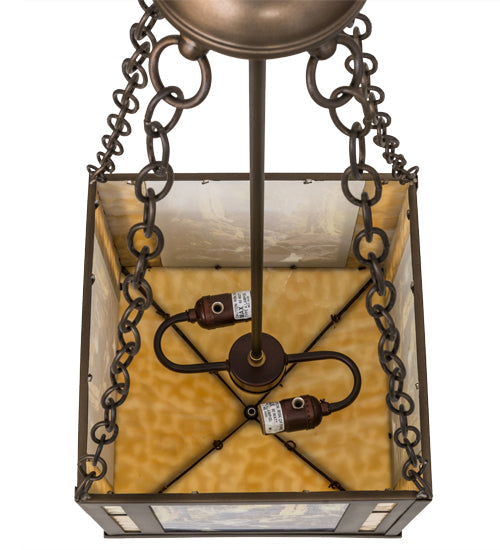 Meyda Lighting Maxfield Parrish 18" 2-Light Antique Copper The Glen Inverted Pendant Light With Beige Art Shade Glass