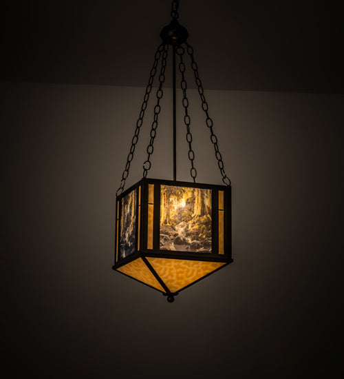 Meyda Lighting Maxfield Parrish 18" 2-Light Antique Copper The Glen Inverted Pendant Light With Beige Art Shade Glass
