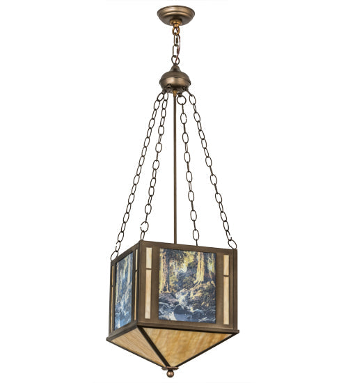 Meyda Lighting Maxfield Parrish 18" 2-Light Antique Copper The Glen Inverted Pendant Light With Beige Art Shade Glass