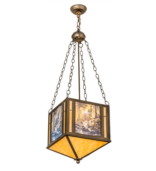 Meyda Lighting Maxfield Parrish 18" 2-Light Antique Copper The Glen Inverted Pendant Light With Beige Art Shade Glass