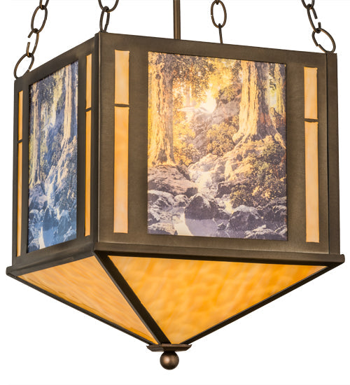 Meyda Lighting Maxfield Parrish 18" 2-Light Antique Copper The Glen Inverted Pendant Light With Beige Art Shade Glass