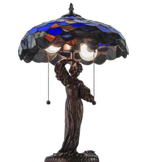 Meyda Lighting Maxfield Parrish 21" 2-Light Mahogany Bronze Griselda Table Lamp With Multi-Colored Shade Glass