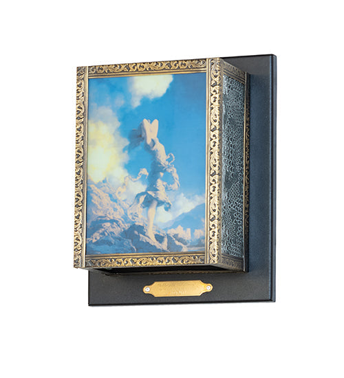 Meyda Lighting Maxfield Parrish 8" Textured Black & Antique Brass Ecstacy Wall Sconce With Multi-Colored Shade Glass