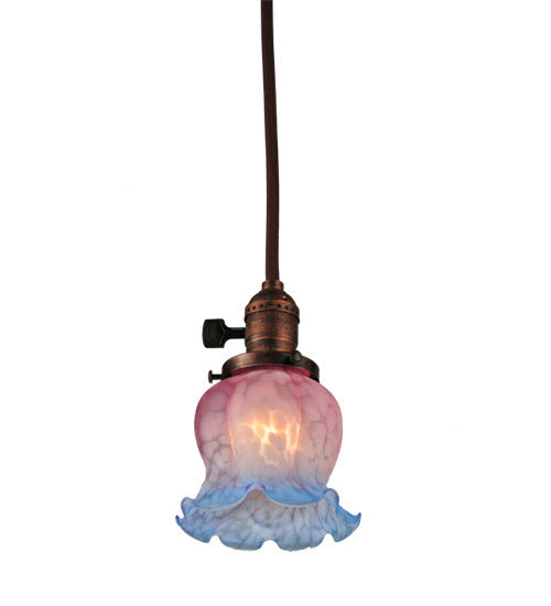 Meyda Lighting Melon Flower 5" Burnished Copper Mini Pendant Light With Pink & Blue Shade Glass