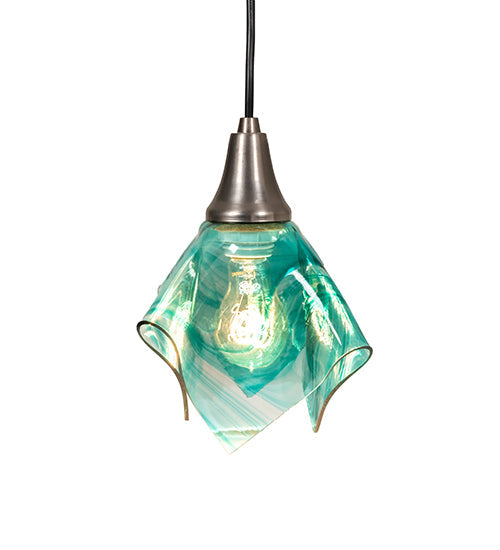 Meyda Lighting Mente Swirl 9" Brushed Nickel Mini Pendant Light With Green Handkerchief Shade Glass
