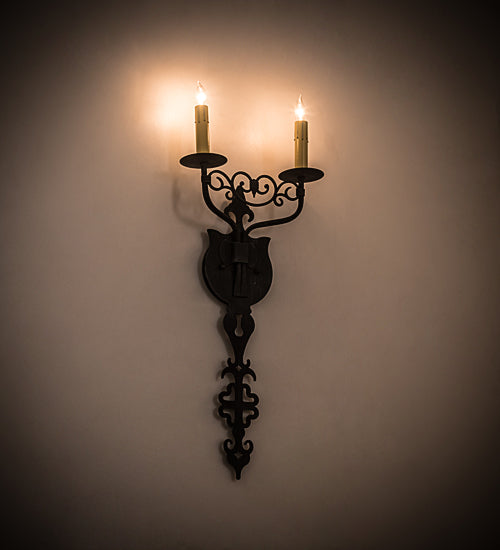 Meyda Lighting Merano 11" 2-Light Antique Iron Gate Wall Sconce With Amber Faux Candlelight