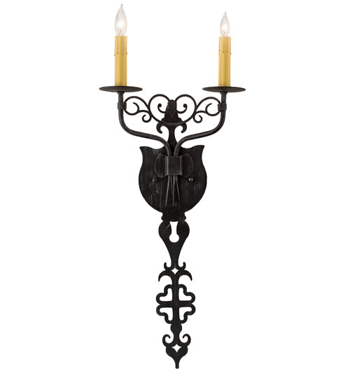Meyda Lighting Merano 11" 2-Light Antique Iron Gate Wall Sconce With Amber Faux Candlelight