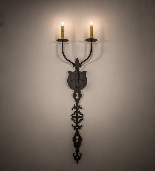 Meyda Lighting Merano 11" 2-Light Old Wrought Iron Wall Sconce With Ivory Faux Candlelight