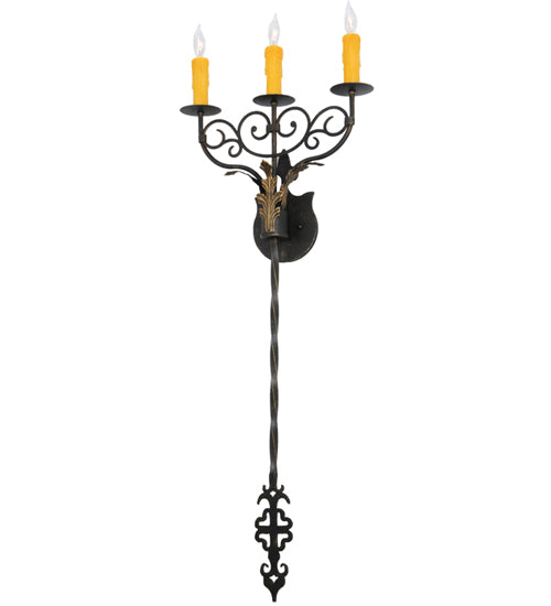 Meyda Lighting Merano 16" 3-Light Chestnut and Gold Accents Wall Sconce With Amber Faux Candlelight