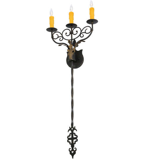 Meyda Lighting Merano 16" 3-Light Chestnut and Gold Accents Wall Sconce With Amber Faux Candlelight