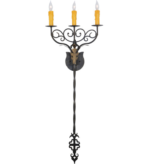 Meyda Lighting Merano 16" 3-Light Chestnut and Gold Accents Wall Sconce With Amber Faux Candlelight