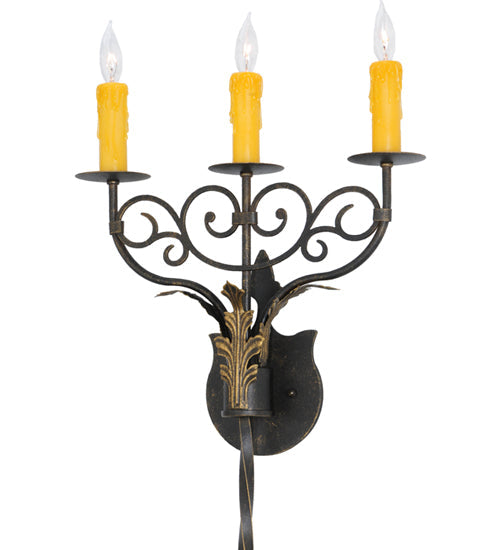 Meyda Lighting Merano 16" 3-Light Chestnut and Gold Accents Wall Sconce With Amber Faux Candlelight