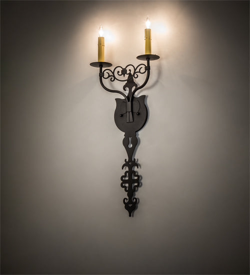 Meyda Lighting Merano 233400 11" 2-Light Old Wrought Iron Wall Sconce With Ivory Faux Candlelight