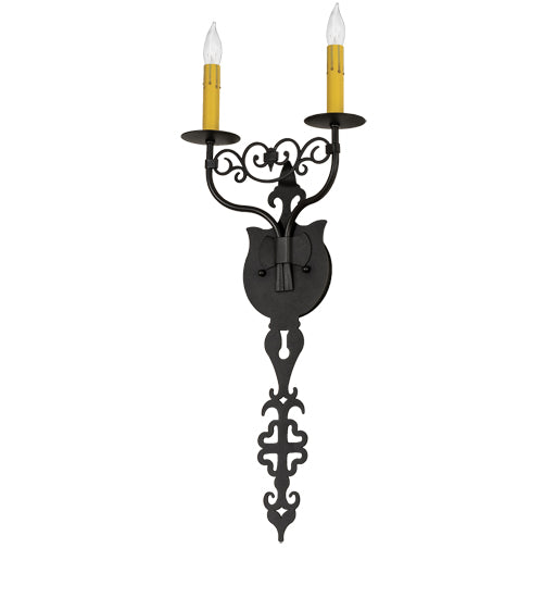 Meyda Lighting Merano 233400 11" 2-Light Old Wrought Iron Wall Sconce With Ivory Faux Candlelight