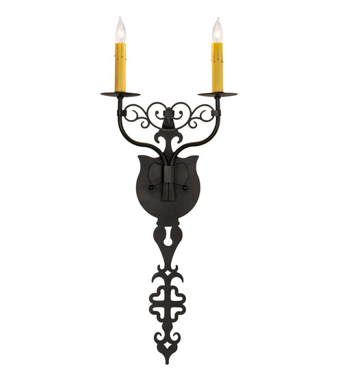 Meyda Lighting Merano 233400 11" 2-Light Old Wrought Iron Wall Sconce With Ivory Faux Candlelight