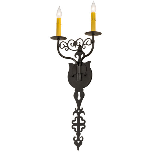 Meyda Lighting Merano 233400 11" 2-Light Old Wrought Iron Wall Sconce With Ivory Faux Candlelight