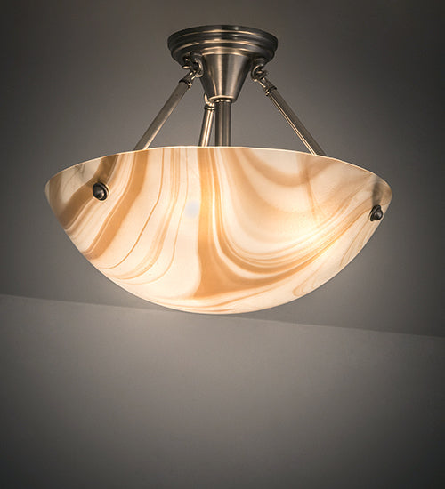 Meyda Lighting Metro 16" 3-Light Brushed Nickel Cognac Swirl Semi-flush Mount Light With Cinnamon Baroque Shade Glass