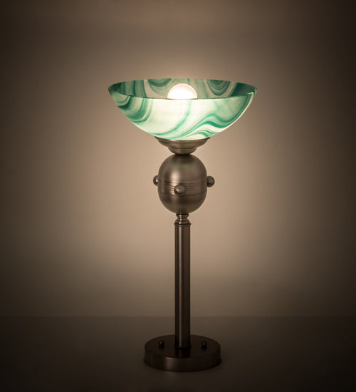 Meyda Lighting Metro 18" Brushed Nickel Mente Swirl Tabletop Torchiere Lamp With Green & White Shade Glass