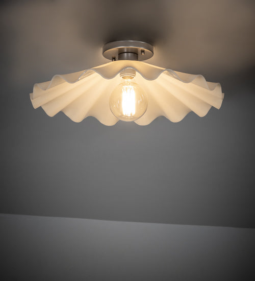 Meyda Lighting Metro 18" Brushed Nickel Scalloped Flush Mount Light With Beige Almond Shade Glass
