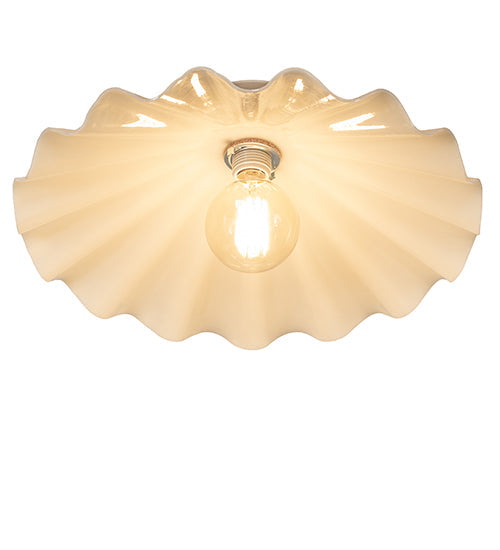 Meyda Lighting Metro 18" Brushed Nickel Scalloped Flush Mount Light With Beige Almond Shade Glass