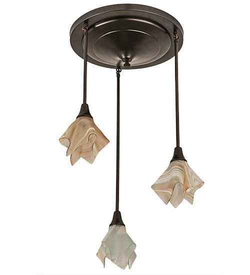 Meyda Lighting Metro 24" 3-Light Craftsman Brown Cascading Pendant Light With Peach Swirl Shade Glass