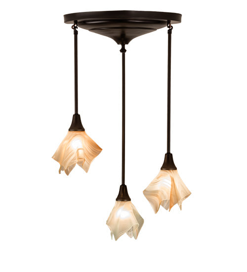Meyda Lighting Metro 24" 3-Light Craftsman Brown Cascading Pendant Light With Peach Swirl Shade Glass
